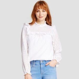 Who What Wear - Top - White -  Eyelet Embroidered Keyhole Back Ruffle Trim Top S